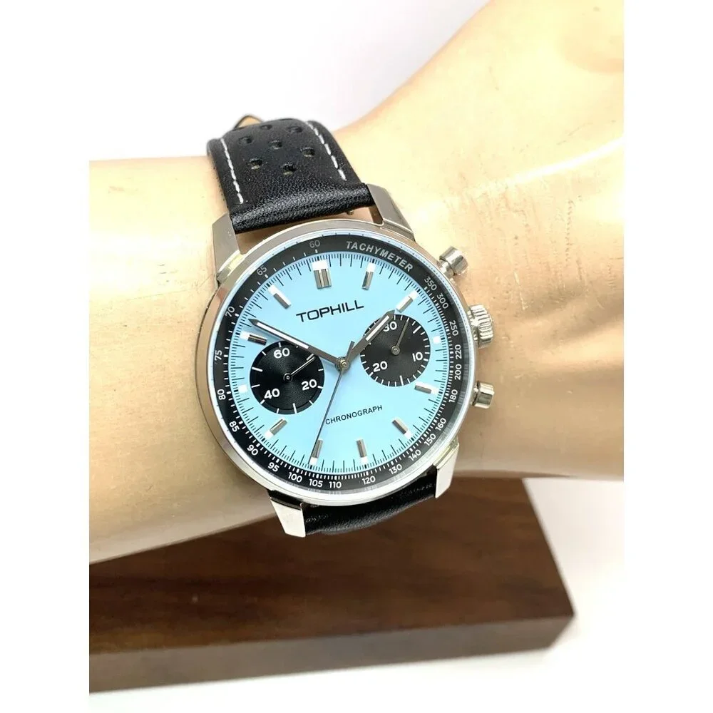 Tophill Men's Watch Mechanical Chronograph Blue Dial Black Leather Band 40mm